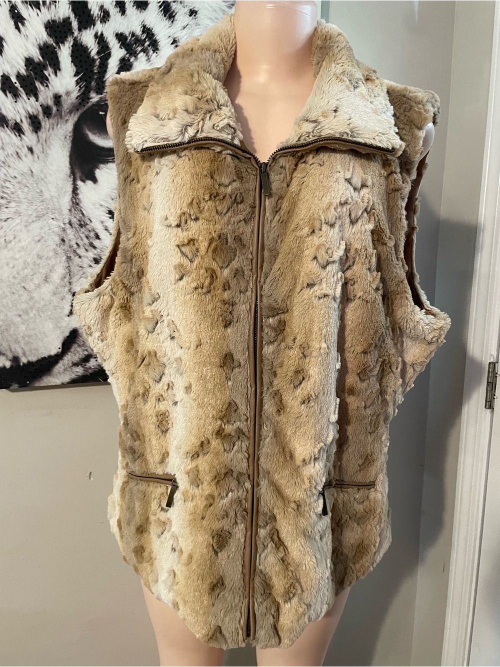 Vintage Yoki animal print faux fur Vest outerwear winter furry 1XL high collar